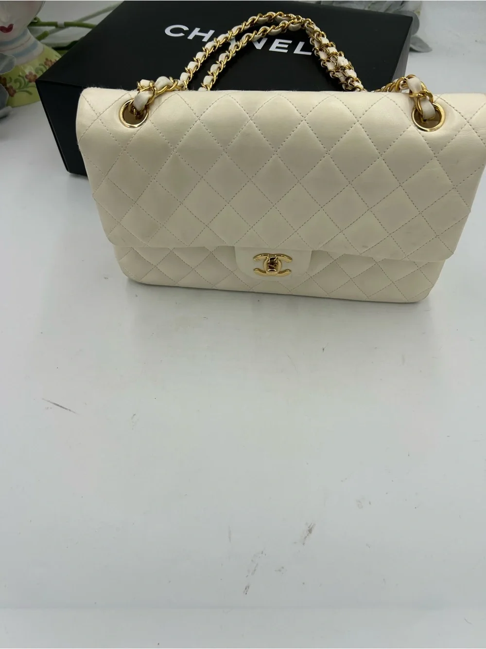 Women's CHANEL Quilted Shoulder Bag in Ivory with Gold Hardware made in France